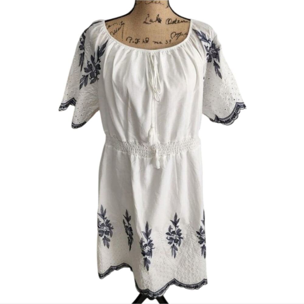 Anthropologie KINDRED white navy embroidered floral lace peasant boho dress 3X